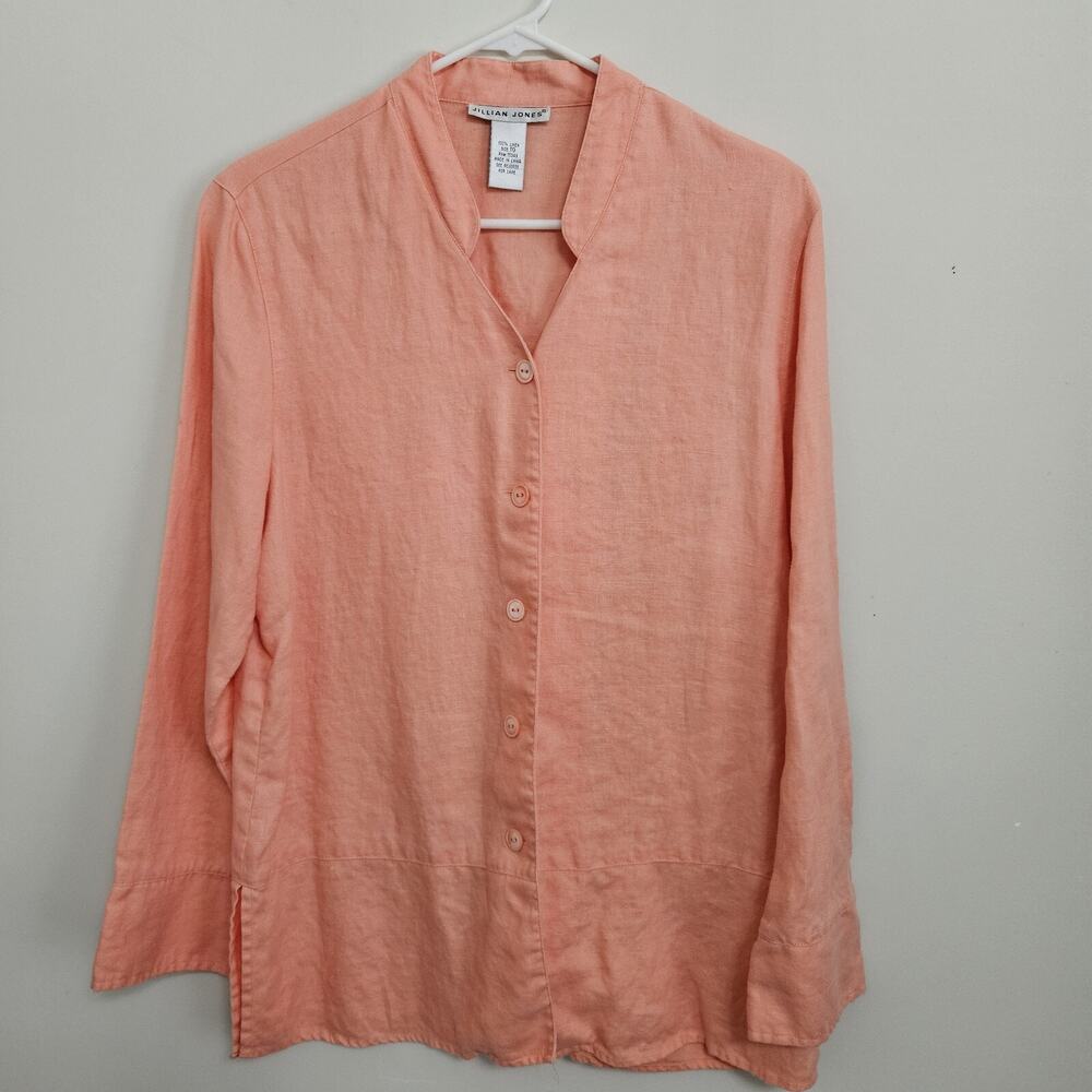 Coral Linen Jillian Jones Tunic Button Down Blouse Shirt Top Side Slits Sz 10